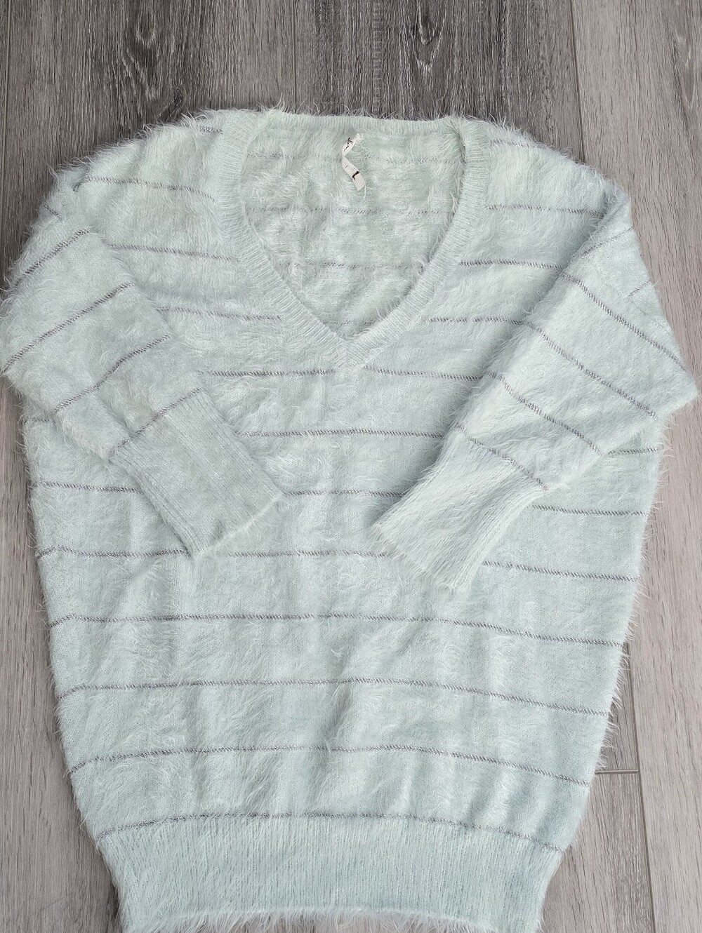 Willow & Clay Pale Mint Fuzzy V-Neck Sweater with Silver Stripes